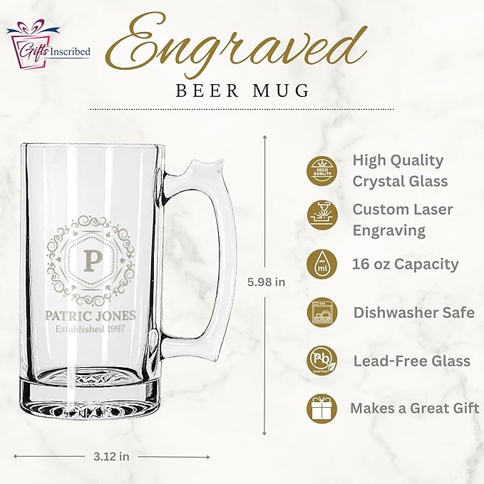 Gifts Inscribed Personalized 16 oz Beer Mug Custom Font Engraved Glass with Your Text – Unique Gift for Dad, Husband, Birthday, Wedding, Anniversary, or Father’s Day