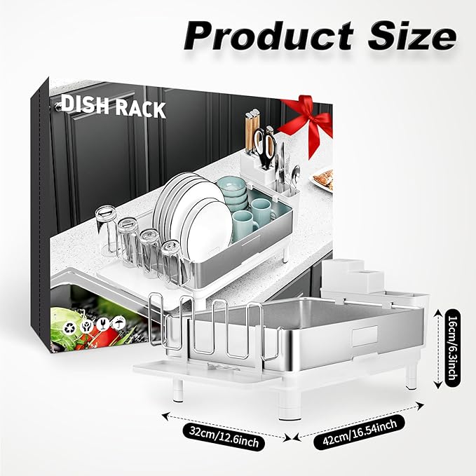 Dish Drying Rack, 304 Stainless Steel Dish Racks for Kitchen Counter, Dish Drainers with Automatic Drainage, Utensil Holder & Cups Holder, Space Saving Kitchen Organizer, White