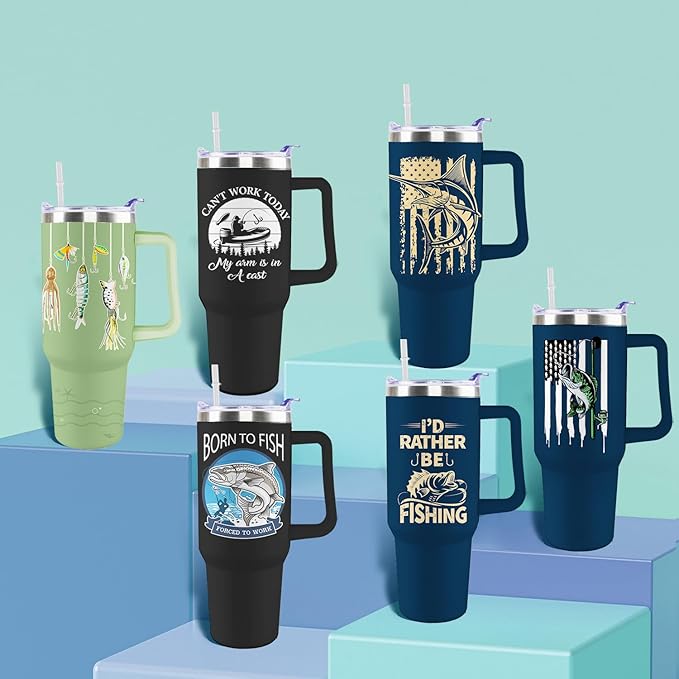 Fishing Tumbler with Handle For Men 40OZ Born to Fish Gift Stainless Steel Cups Insulated Tumblers Fisherman Gifts For Dad Daddy Funny Saying Green Fish White Mugs