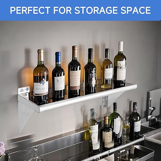 ROCKPOINT Stainless Steel Shelf 10 x 30 Inches 225lb, 2 Pack NSF Metal Commercial Shelves Wall Mount Floating Shelving with Backsplash for Restaurant, Kitchen, Home and Hotel, Silver