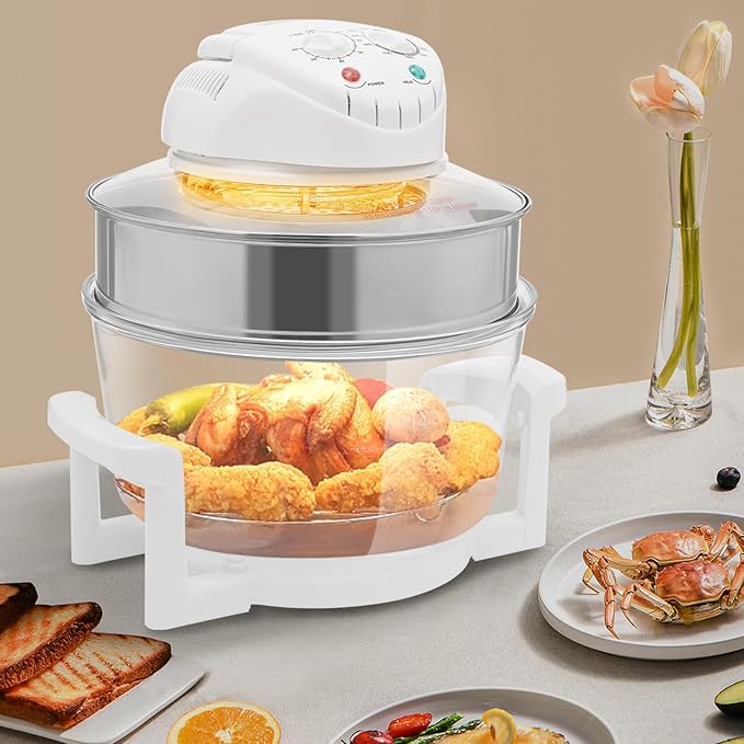 Air Fryer Glass |Halogen Oven |17.96QT Air Fryer Oven | 1400W Halogen Heating + Hot Air Circulation | 360° Viewable Glass Pot | 32°F-482°F Adjustable | Perfect for Family Cooking & Entertaining