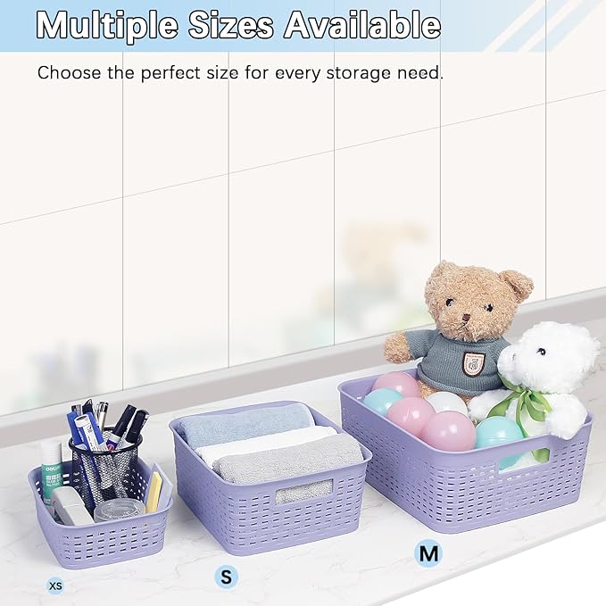 Plastic Storage Baskets for Cabinets, Household Pantry Organization with Handle,Organizer Bins for Room,Bathrooms,Under-Sink,Kitchen (Purple, S-3PACK)
