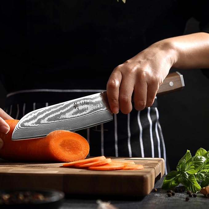 Wakoli HIK Damascus Santoku Knife – Full Tang Multipurpose Kitchen Knife | 7-Inch Blade Made of 67-Layer Damascus Steel with VG10 Core | Walnut Wood Handle | Sharp, Durable, Gift Box Included