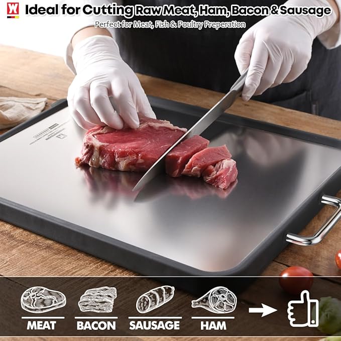 Stainless Steel Double Sided Chopping Board, Cutting Board, Metal Board Side & Plastic Board Side with Wheat Straw PP Inside, Easy to Clean, designed for precision, hygiene