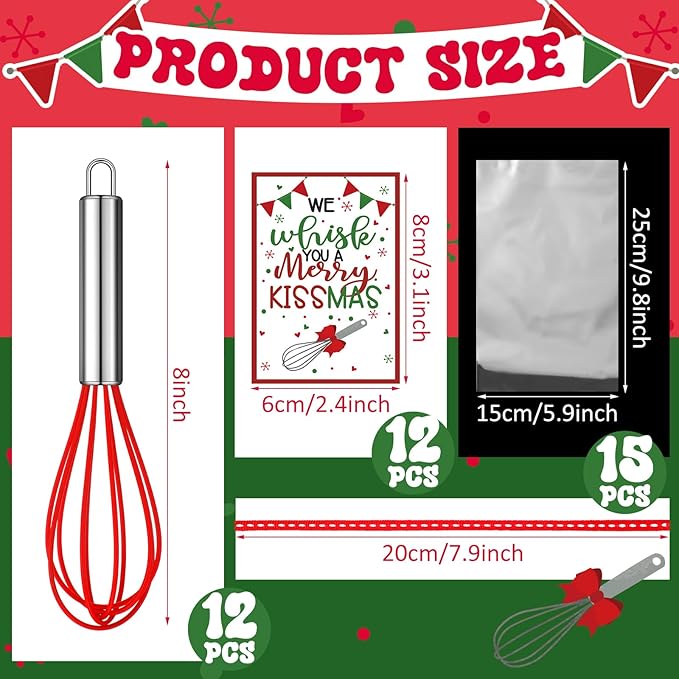 Nuogo 12 Sets Christmas Whisk Baking Supplies Gifts Christmas Neighbor Gifts Includes 8 Inch Stainless Steel Whisk,Greeting Cards,Ribbons,Plastic Bags for Home Cooking Supplies Xmas Stocking Stuffers