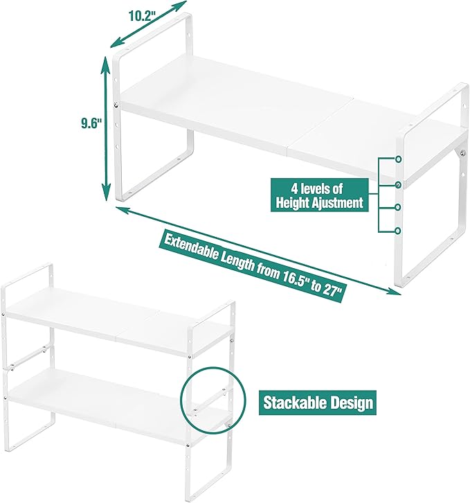 Expandable Cabinet Shelf Organizer Rack, Stackable Kitchen Counter Storage Shelves Stand, Adjustable Height Pantry Shelf Spice Rack, Heavy Duty Nonslip White Large 1Pack