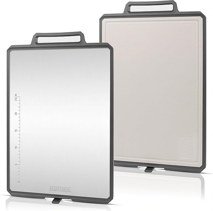 Extra-Large Cutting Board 19"x12.6" – Dual-Sided 304 Stainless Steel & Wheat Straw PP, Reversible Design with Juice Groove, Dishwasher Safe, Built-in Handle, Designed for Meat, Fruit, & Vegetable Prep