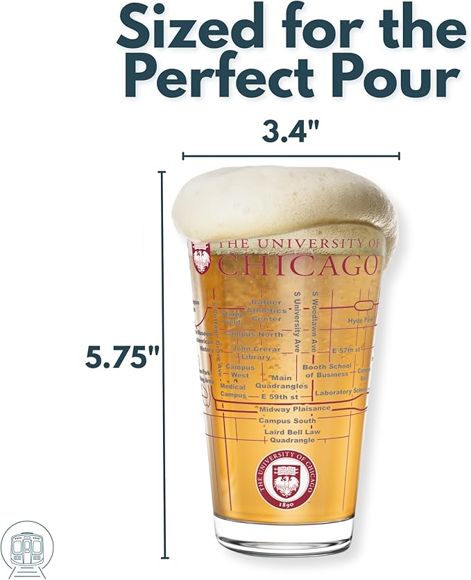 Greenline Goods – University of Chicago Maroons College Pint Beer Glasses (Set of 2), 16 oz – Full-Color Logo + Campus Map