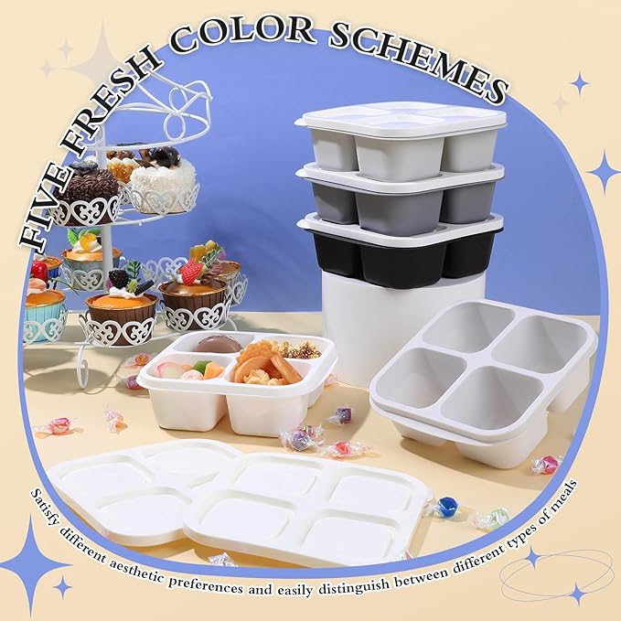 Honeydak 10 Pack Snack Container 4 Compartment Reusable Bento Snack Boxes Divided Lunchable Containers with Lids Meal Prep Lunch Food Storage Boxes for School Work Travel(Black and White Ombre Color)