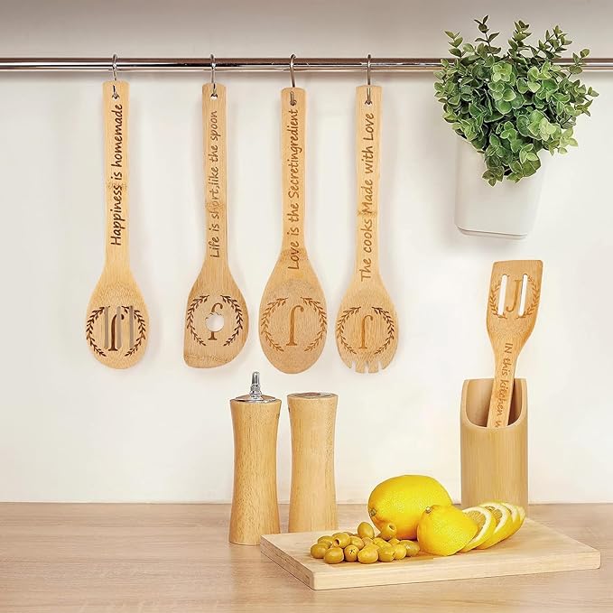 5PCS Initial Wooden Cooking Spoons Initial Letter Kitchen Decor Gifts Personalized Monogrammed Birthday Gifts for Women Mom Friend Housewarming Wedding Bamboo Cooking Spoons