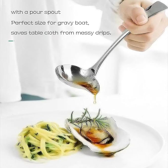 2-Pack 18/10 Stainless Steel Gravy Ladle, Sauce Ladle, with Pouring Spout, Small Soup Spoon for Gravies and Dressings, Dishwasher Safe