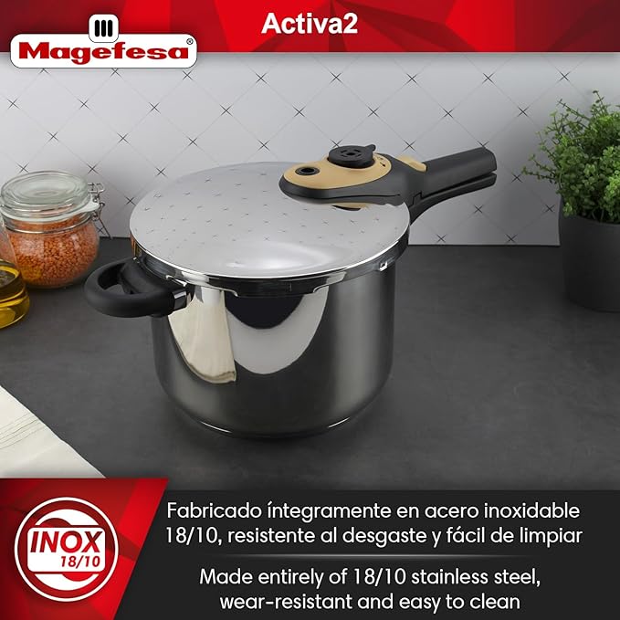 Magefesa Activa2 8-Quart Stainless Steel Pressure Cooker – 2 Cooking Programs, Works on All Stovetops, Mustard Handle