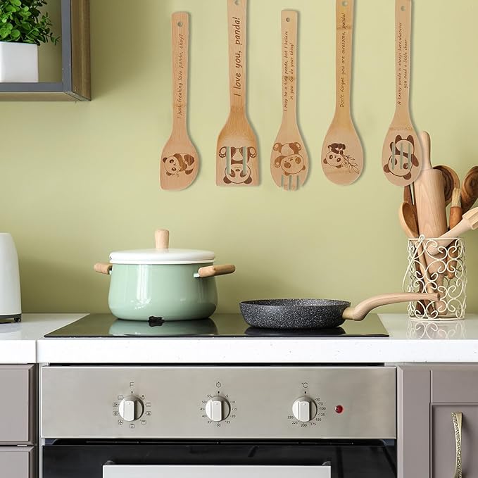 5PCS Panda Wooden Cooking Spoons Set Panda Gifts for Women Kitchen Decor Bamboo Cooking Utensil Spoons for Housewarming Wedding Anniversary Thanksgiving Christmas Gifts Mom Women
