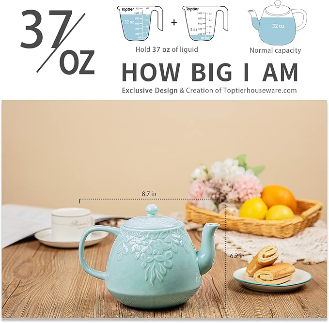 Toptier Ceramic Teapot, Large Tea Pot with Stainless Steel Infuser, Blooming & Loose Leaf Teapot for Tea Lover, Gift, Family (37 oz / 1100 ml, Blue)