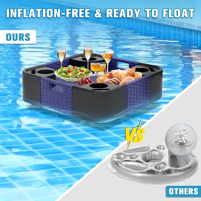 COOS BAY 24''x24'' Square Floating Drink Holder for Pool and Hot Hub, Large Floating Serving Tray with Handles, Wicker Floating Pool Tray for Food and Drinks, Blue