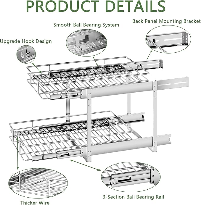 2 Tier Individual Pull Out Cabinet Organizer 10½" W x 21½" D, Heavy Duty Cabinet Pull Out Shelves, Slide Out Drawers Organization for Kitchen Cabinets Bathroom