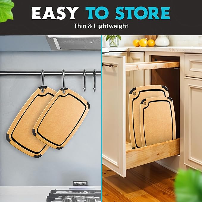 Dishwasher Safe Cutting Boards for Kitchen Set - Large Composite Wood Cutting Boards (14.5" x 11" & 11.7" x 9.3") Non-Slip & Juice Groove - Thin & Lightweight Eco-Friendly - Natural w Black Grooves