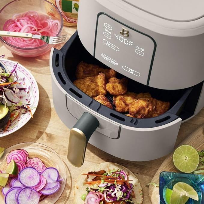 Beautiful by Drew Barrymore 6-Quart Digital Air Fryer, TurboCrisp Technology, Touch-Activated Display, 1750W, 90–400°F, Dishwasher-Safe Basket (PORCINI TAUPE)