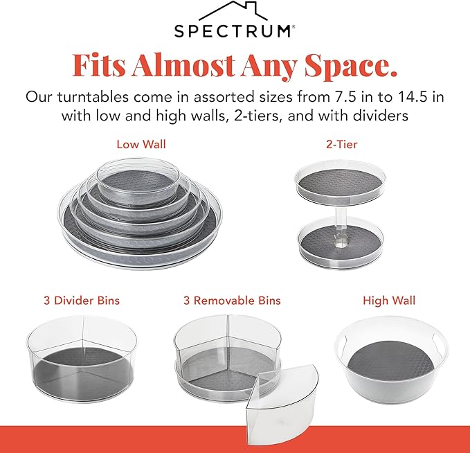 Spectrum Medium Lazy Susan Organizer 9.5 in for Cabinet Refrigerator Pantry Table Rotating Kitchen Storage Spice Rack Fridge Organization, Charcoal Gray Spinning Turntable for Sauces Jams Condiments