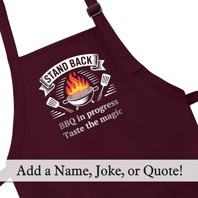 Personalized Medium Length Cooking & Grill Apron – Stand Back Design with Custom Text (1-2 Lines)
