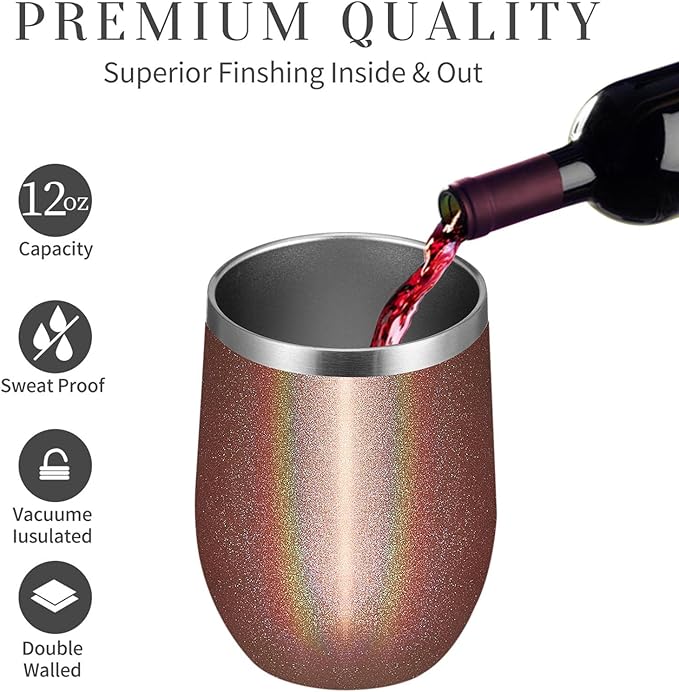 MEWAY 12oz/4 Pack Wine Tumbler Glasses with Lid - Stemless Double Wall Vacuum Stainless Steel Glitter Tumbler - Keeping Cold & Hot Cup for Coffee,Gift for Women(Rainbow Rose Gold,Set of 4)