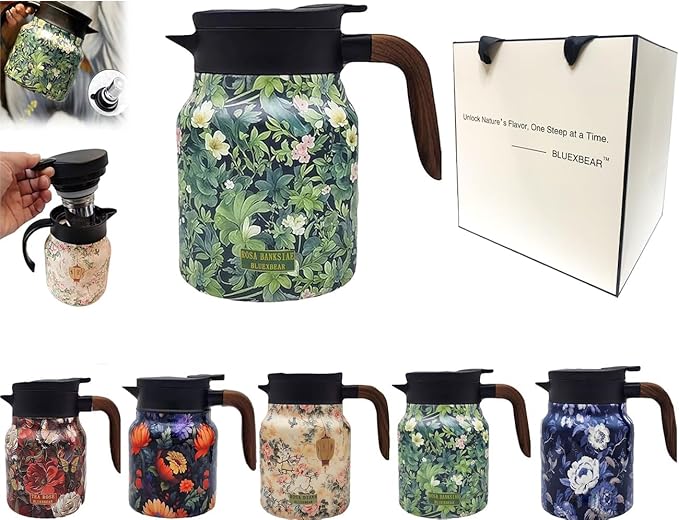 Vintage Floral Pattern Teapot, Doresty Tea Pot, Vintage Floral Pattern Tea-Built-In Infuser, Stainless Steel Thermal Carafe with Lid for Hot Drinks (Green, Wooden handle)
