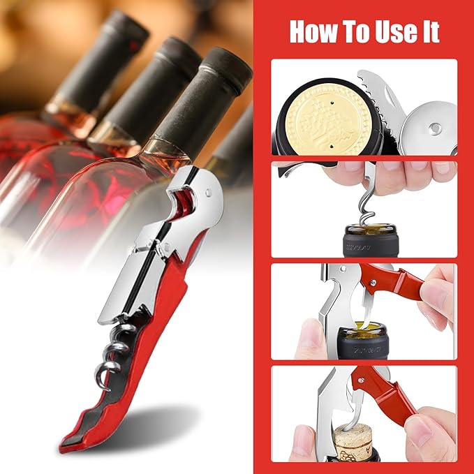 6 Pieces wine key wine opener Professional Waiter Corkscrews Stainless bottle opener Fold Serrated Foil Cutter Key for Family, Company Party,Bars,Restaurants(red)