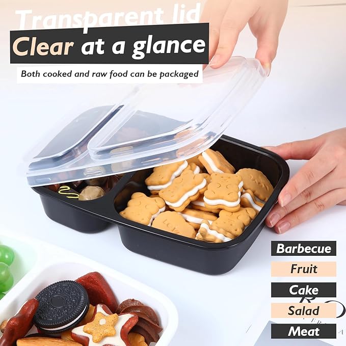 Honeydak 5 Pack Lunchable Snack Containers 2 Compartment Divided Bento Snack Boxes Reusable Meal Prep Containers with Lids Lunch Food Storage Box for School Work Travel(White Black)