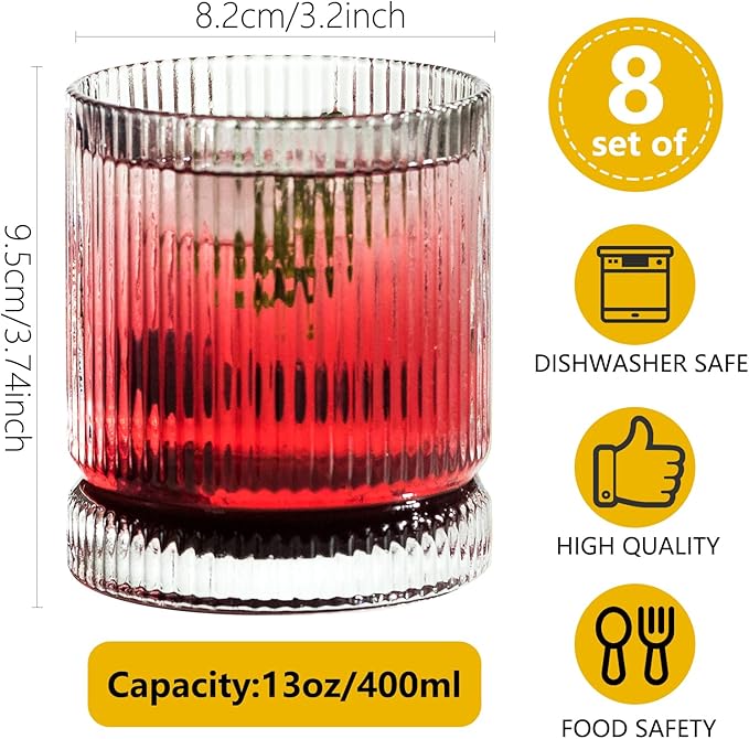 KEMORELA Drinking Glasses Set of 8, Ribbed Glassware, 13 Oz Old Fashioned Whiskey Glass, Vintage Glassware, Origami Style Cocktail Glasses, Clear Bar Glasses for Iced Coffee & Beverages (8PCS)