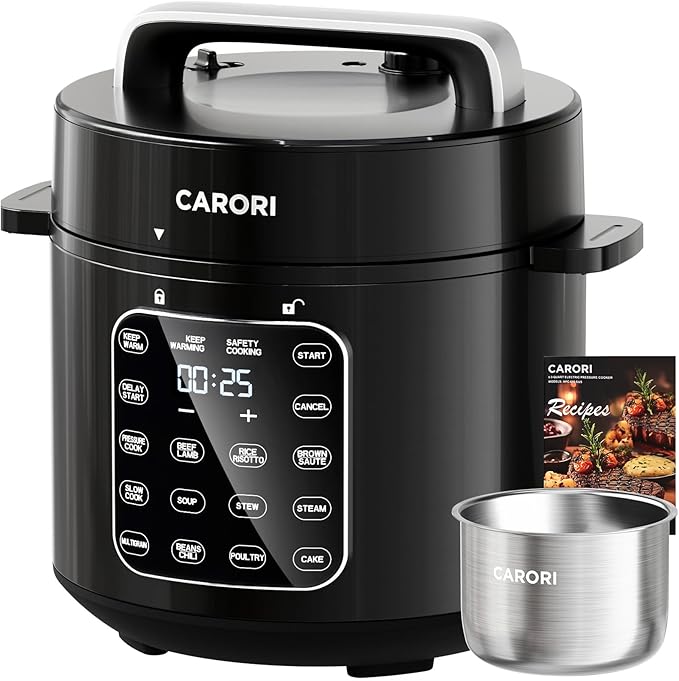 9-in-1 Electric Pressure Cooker 6 Quart Black, Stainless Steel Pot, 12 Preset Functions with Touchscreen, Safe Steam Release, Stew, Slow Cook, Rice, Sauté, Warmer