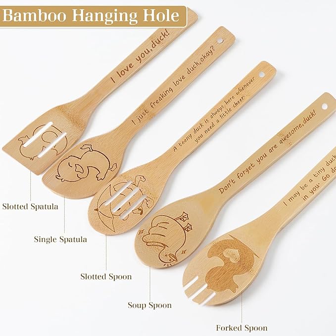 5PCS Duck Wooden Cooking Spoons Kitchen Decor Duck Gifts for Women Men Duck Lovers Birthday Gifts Party Favors Housewarming Wedding Bamboo Cooking Spoons for Everyday Use