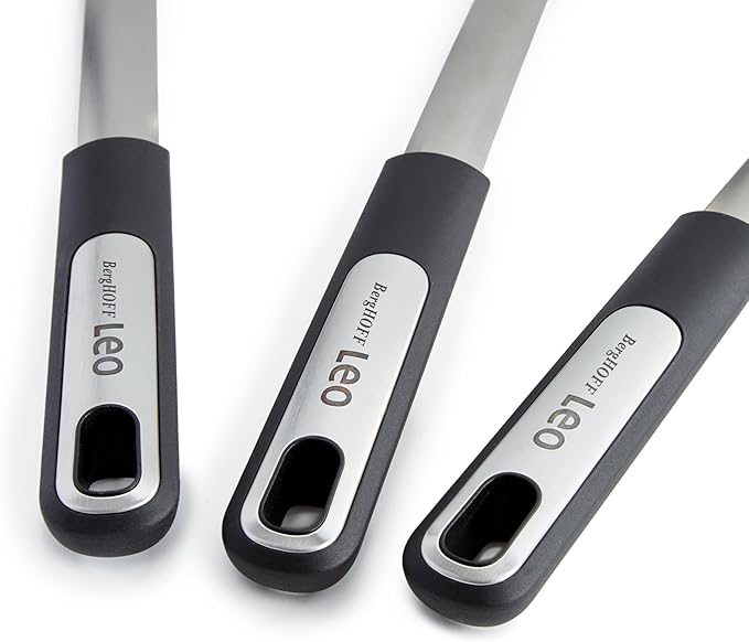 BergHOFF Graphite 3Pc Cooking Utensil Set, Recycled Material, Slotted Turner, Serving Spoon, Soup Ladle, Stainless Steel Head with Silicone Head, For Nonstick Cookware