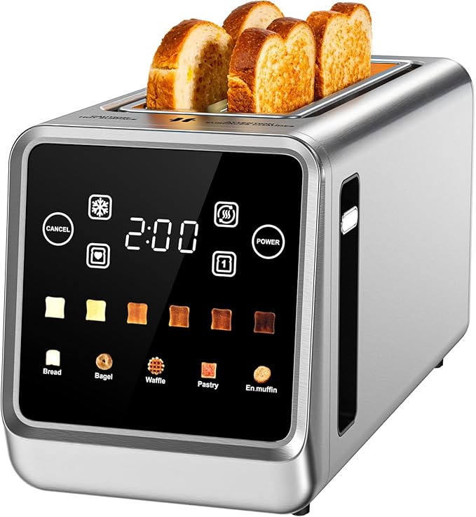 4 Slice Toaster with Smart Digital Touchscreen & 1-Touch Memory | Stainless Steel Long Extra-Wide Slot for Bagels & Artisan Bread | Single-Slice Defrost and Reheat Modes