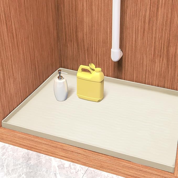 URMONA Waterproof Silicone Under Sink Mat 31'' x 19'' Shelf Liner for Kitchen and Bathroom, Cabinet and Counter Protector, Storage and Organizers, Litter Mat, Pet Cat Puppy Essentials(Cream)