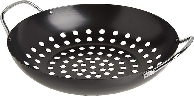 TableCraft BBQ Metal Handle 13-Inch Non Stick Coating Round Grilling Wok, Small, Black