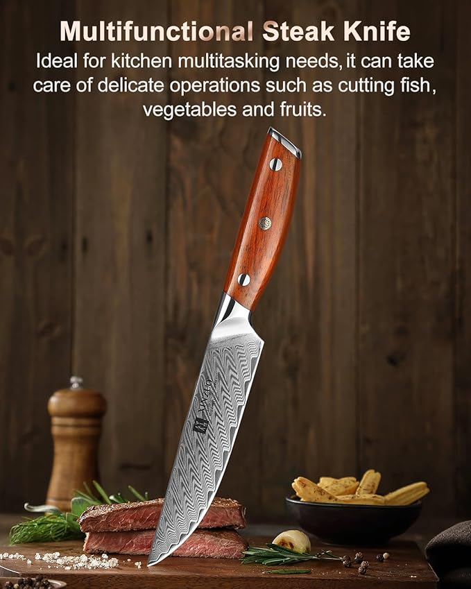 XINZUO Steak Knife Set of 4,Damascus Kitchen Steak Knife Set,5 Inch Dinner Knife Set-Table Knives,Non Serrated Steak Knives,Razor-Sharp Dinner Knives with Ergonomic Rosewood Handle,Gift Box