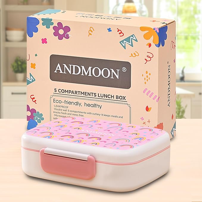 Bento Box for Kids Lunch Box Leak-Proof, Bento Lunch Box with 5 Compartments, Lunch Containers with 3 Silicone Baking Cups, Microwave/Dishwasher Safe (43OZ) (Pink)