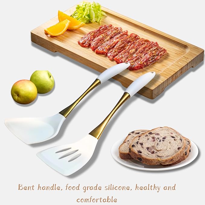 Heat-Resistant Silicone Kitchen Spatula Set – Non-Toxic Cooking Utensils with Solid & Slotted Designs –Food Grade Silicone and Stainless Steel Handles –Ideal for Nonstick Cookware, Gold