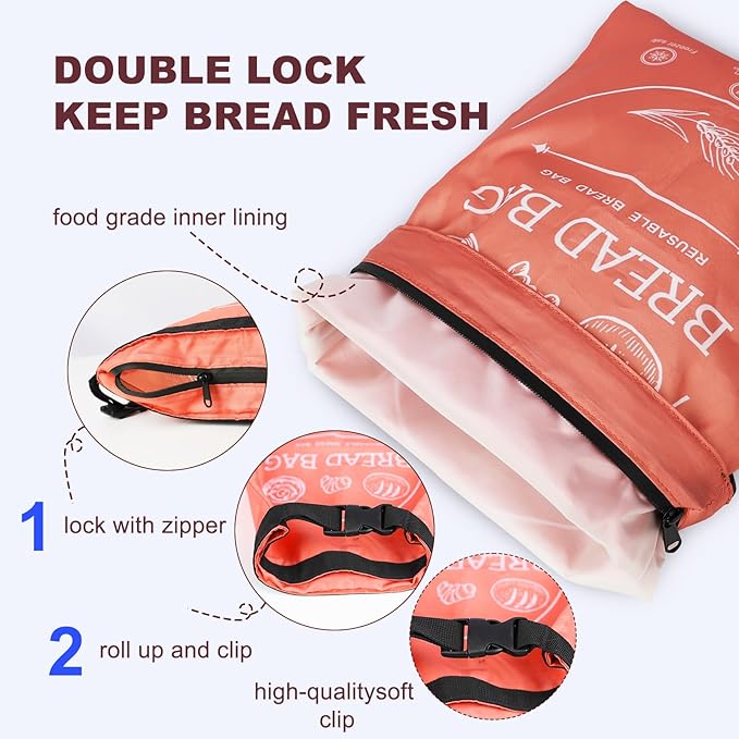 Bread Bags for Homemade Bread & Sourdough - Reusable Bread Bag with Linen Cover, Freezer-Safe Storage to Keep Bread Fresh for Days (XL, Orange)