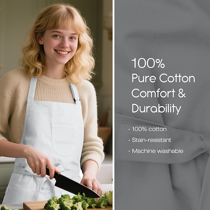 Unisex Apron with Pockets for Cooking, Salon & Art - 100% Cotton Adult Kitchen, Chef, Stylist Apron (White)