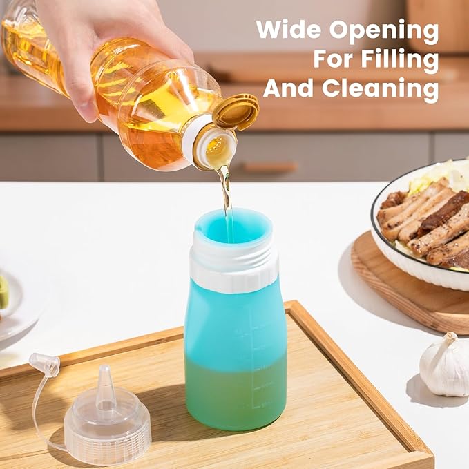 Condiment Squeeze Bottles, 12 oz Silicone Squeeze Bottles For Sauces, Leak Proof Condiment Containers with Extra Interchangeable lid, Easy Squeeze for Oil, Honey & Dressings, BPA FREE (4 Pack)