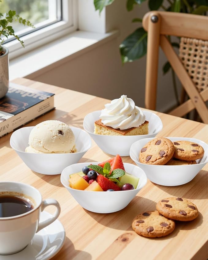bUCLA 50Pack White Plastic Small Bowls - 8oz Disposable Ice Cream/Salsa/Dipping/Dessert/Sauce/Small Serving Bowls for Party