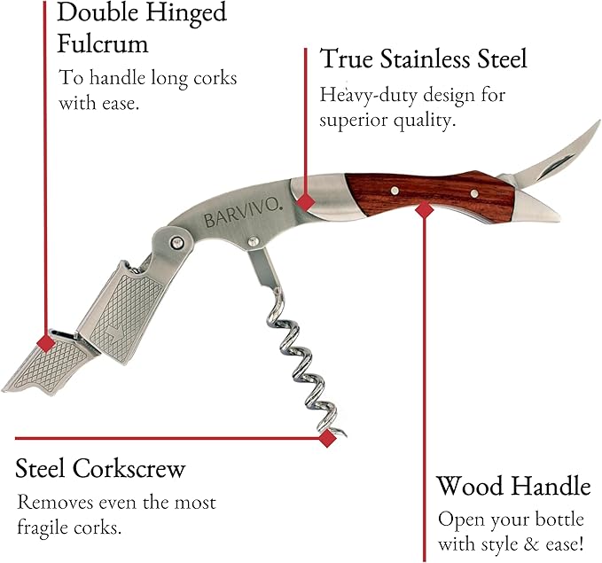 Barvivo Wine Bottle Opener with Double Hinged Corkscrew - 4.5-Inch Manual Wine Key with Foil Cutter and Cap Remover - Stainless Steel Bar Key Tool for Bartenders and Servers - Natural Rosewood Handle