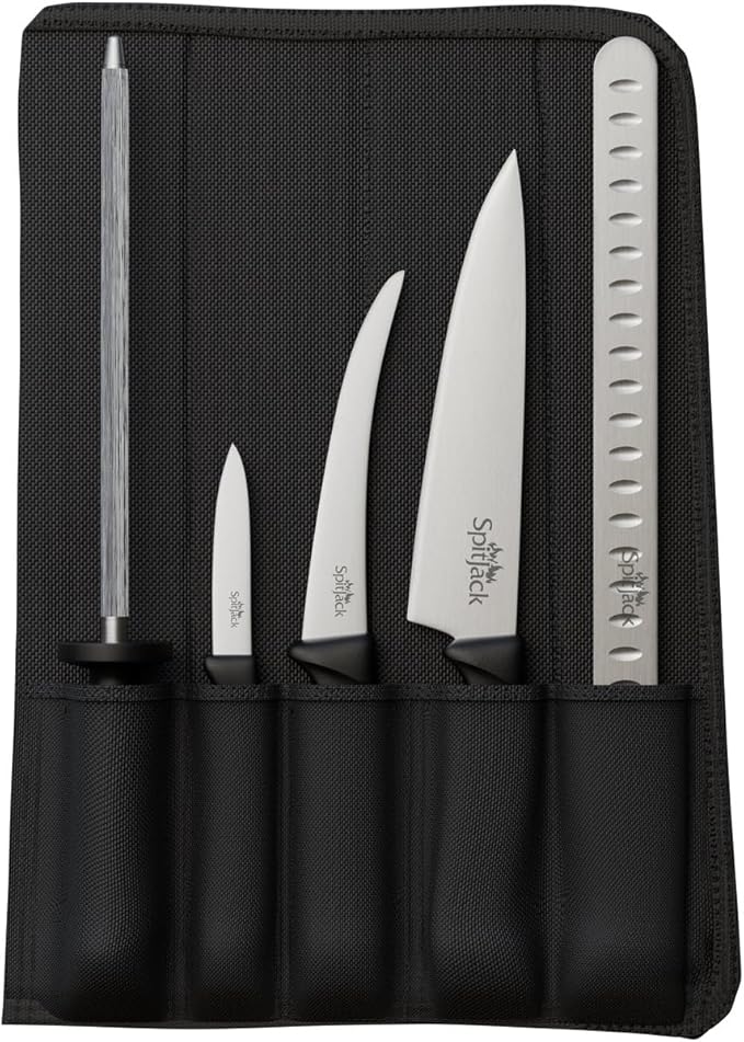 SPITJACK BBQ Butcher's Knife Set for Men. Brisket Trimming and Meat Slicing Knives, 8 Inch Chef's Blade, 3.5 Inch Paring Knife and 10 Inch Sharpening Hone. Sturdy Storage and Transport Case.
