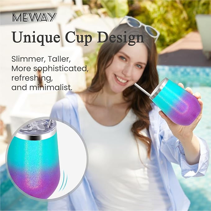 MEWAY 12oz Insulated Wine Tumbler Set of 12 - Double Wall Stainless Steel Stemless Wine cups Glasses with Lids, Gift for Family and Gifts, Prizes for adults(Glitter Aurora,Set of 12)