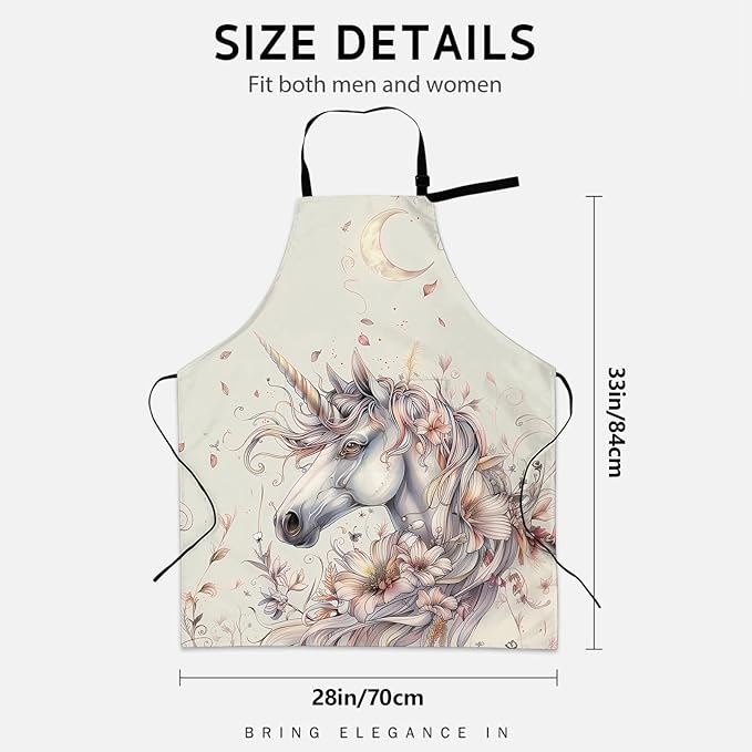 Fantasy Unicorn Apron for Women Men, Cooking BBQ Chef Polyester Lightweight Pretty Graceful Unicorn Aprons with Pockets for Baking Kitchen Gardening Cleaning, Adjustable Neck Strap, 28×33inch