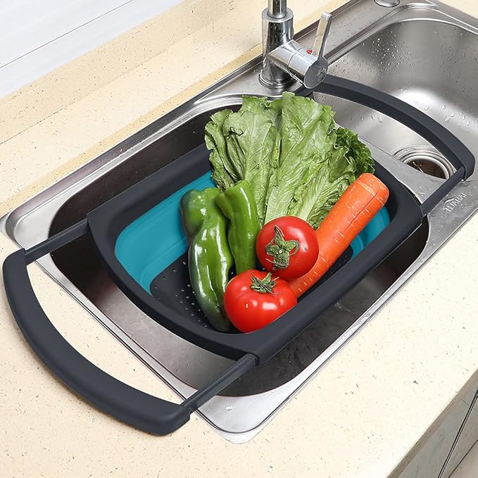 QiMH Collapsible Colanders Set of 3, 4 Quart Colander, 4 Quart Folding Basin, and 6 Quart(1.5 gal) Over the Sink Extendable Colander, Space-saving Silicone Kitchen Foldable Food Strainer