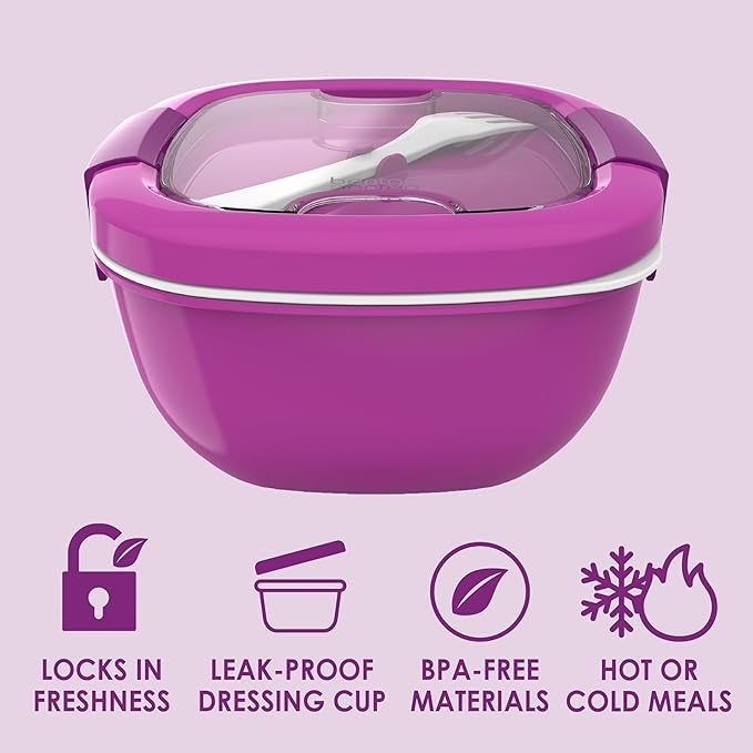 Bentgo Salad Container - 54 oz Bowl with 4-Compartment Toppings Tray, Leak-Proof Dressing Container, Reusable Fork, BPA-Free Lunch Box for Meal Prep & Food Storage; Removable Bento Tray (Purple)