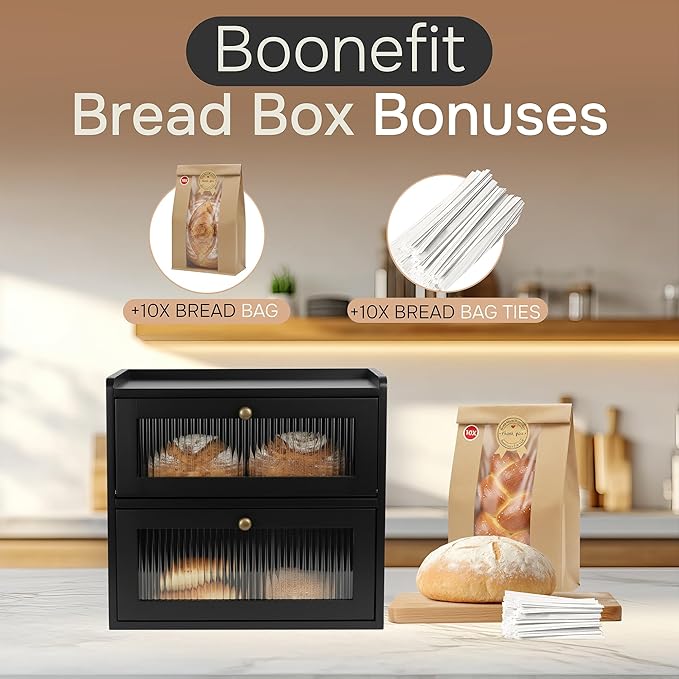 Bread Box for Kitchen Countertop - Wooden 2 Tier Bread Box with 10x Bread Bags and 10x Bread Bag Ties Vintage Breadbox Bread Storage Container Farmhouse Food Organizer Pantry Shelf (Black)
