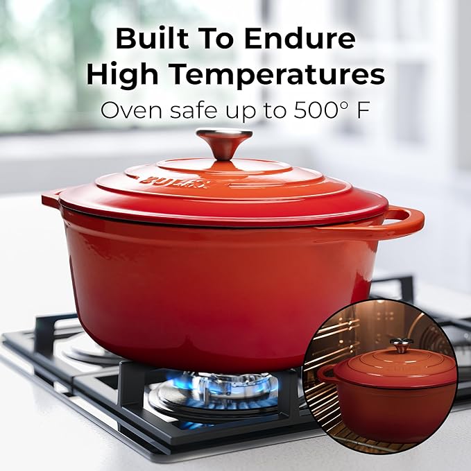 Zulay Kitchen 7.7 Quart Enameled Cast Iron Dutch Oven Pot with Lid – Premium Durability & Oven Safe up to 500°F – Heavy Duty Cookware Perfect for Bread Baking, Stews, Braising & Roasting – Orange